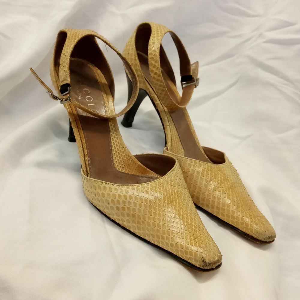Gucci Tan Snakeskin Heels with Ankle Strap